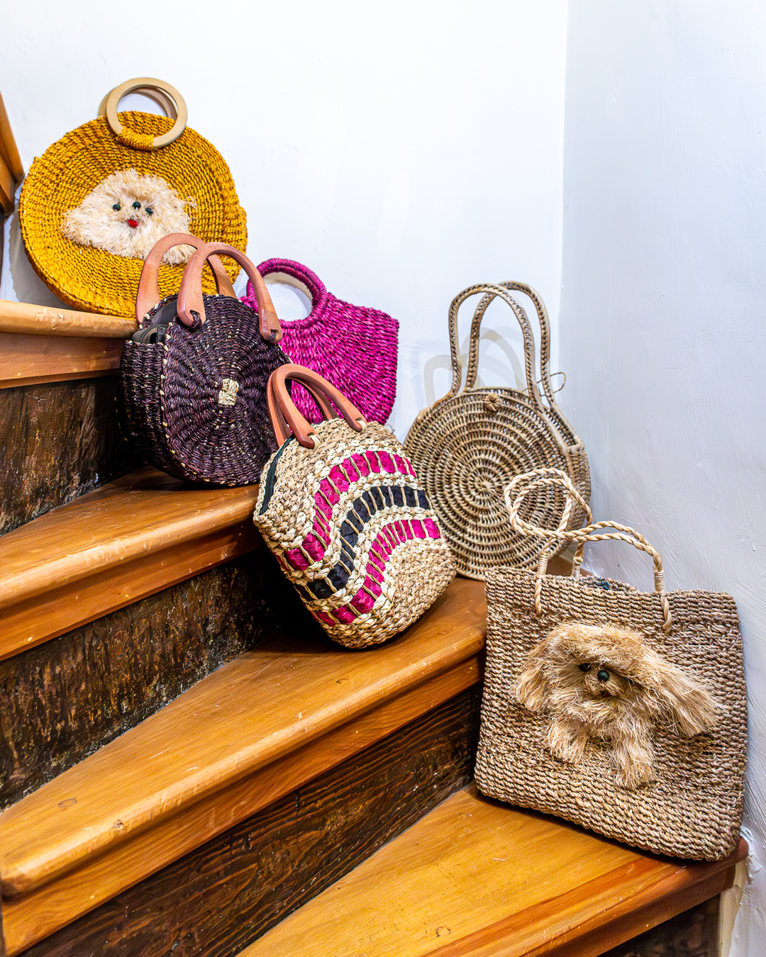 Six different woven bags made of pandan and raffia. Some are round, some are square, and two have dog images made of natural fibres. Some of the bags are natural colours, some are brightly coloured.